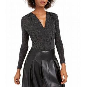 KIT + SKY WOMEN'S BLOUSE METALLIC BLACK SIZE SMALL S V- NECK BODYSUIT